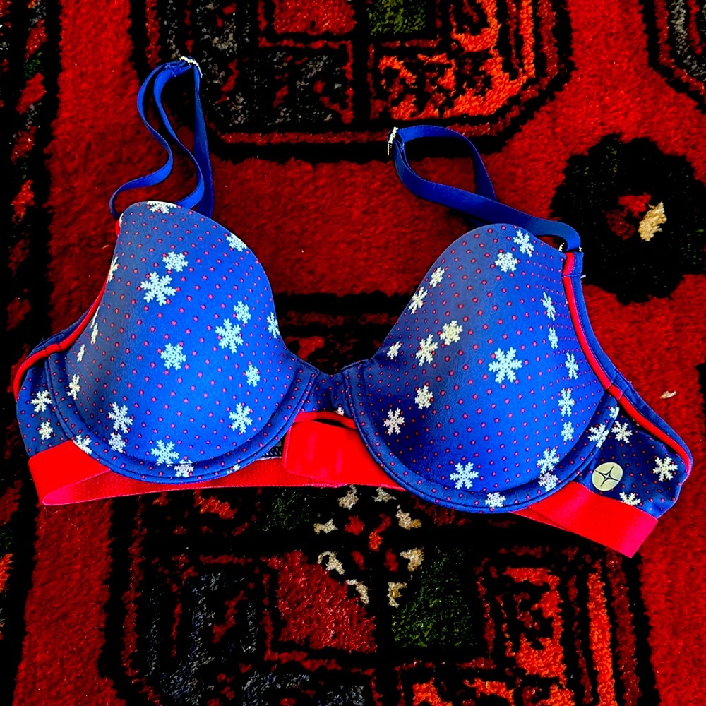 Charmed 32B Red White and Blue with White Snowflakes decorate this ECU bra.